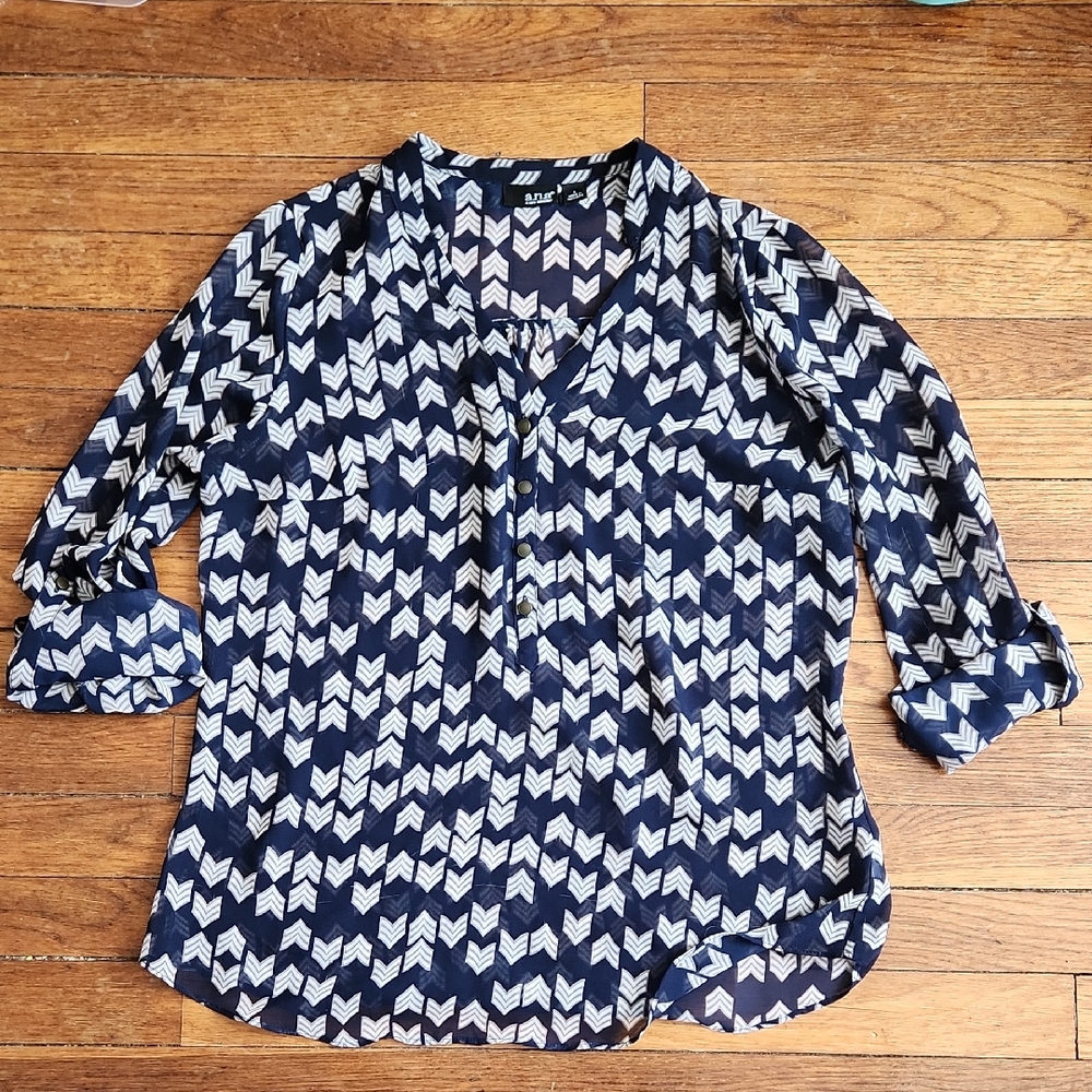 a.n.a Navy and White Chevron Blouse